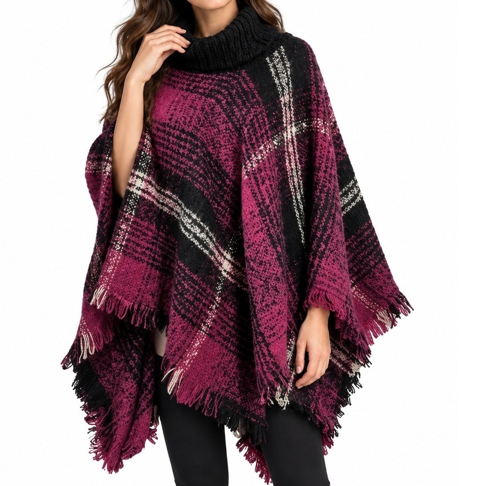Women's Burgundy Plaid Poncho L/XL Cowl Neck Fringe Blanket Cape Wrap